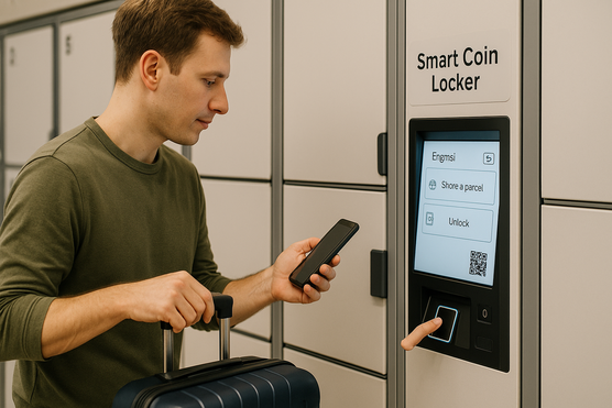 Traveler using smartphone to unlock a smart coin locker in Japan.