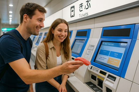 Foreign tourists buying train tickets from an English-friendly machine in Tokyo station