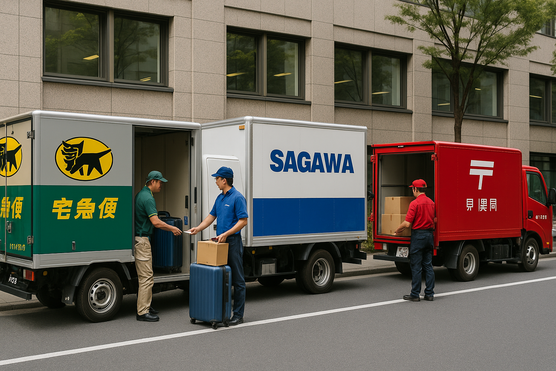Japanese delivery trucks from Yamato, Sagawa, and Japan Post parked in a city area.