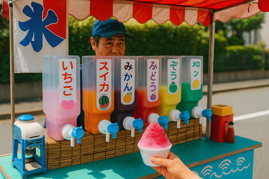 Variety of colorful Japanese street foods like takoyaki, yakisoba, taiyaki, and dango displayed at a festival