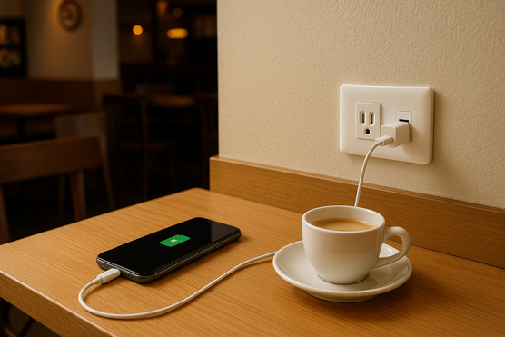Table with wall outlet and USB charging in a Tokyo café.