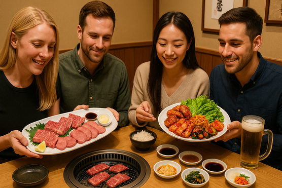 Tourists comparing yakiniku and Korean BBQ dishes at a Tokyo restaurant