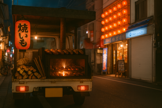 Street vendor grilling yakitori skewers and serving customers at night market