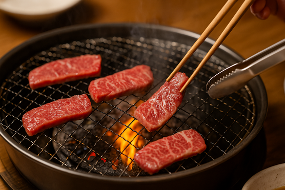 Close-up of wagyu beef cuts on a yakiniku grill with chopsticks and tongs