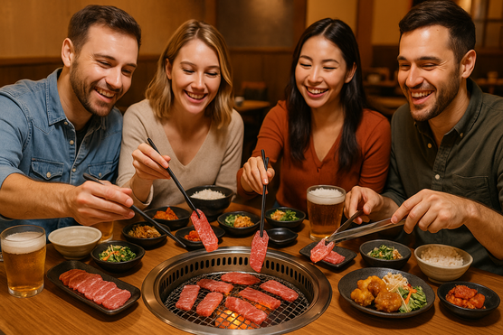 Tourists grilling beef slices at a yakiniku restaurant in Tokyo
