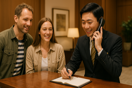 Hotel concierge assisting foreign travelers with Japanese restaurant booking