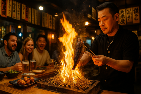 Straw-grilled bonito being prepared in a lively Kabukicho izakaya