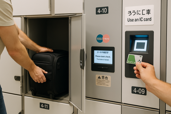 Traveler placing luggage into a Japanese coin locker and tapping a Suica card on the reader.