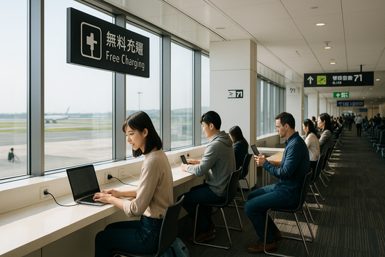Free charging seats with power outlets at a Tokyo airport gate area.