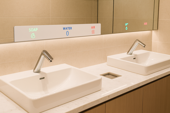 Public restroom sink area in Japan with automatic soap dispensers and dryers.