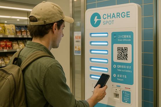 CHARGE SPOT rental kiosk with power-bank slots and QR code scanner in a Japanese convenience store.