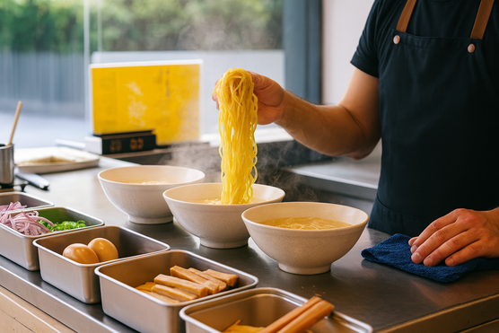 Ramen chef preparing noodles at a Japanese restaurant counter with steaming bowls and fresh toppings like eggs, bamboo shoots, and green onions.