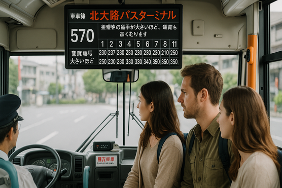 Fare display board above driver showing bus fare by ticket number