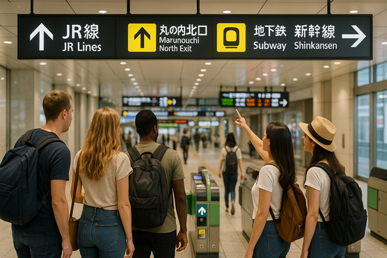 Tourists navigating a Tokyo station with bilingual signs and ticket gates