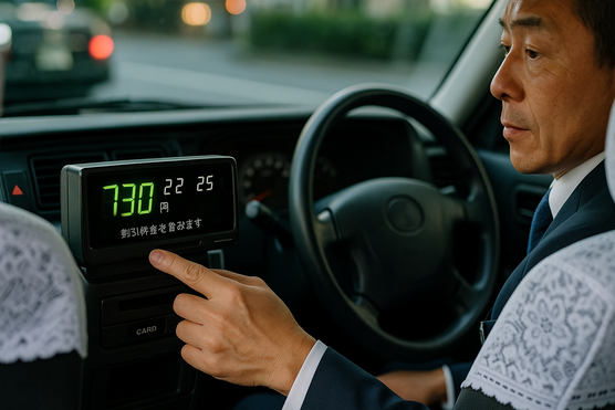 Taxi driver showing meter display with fare in yen