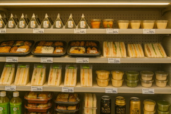 Display of Japanese convenience store food and drinks