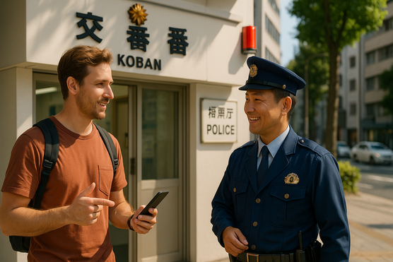 Tourist asking for directions at a koban (police box) in Tokyo.