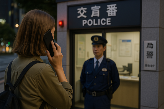 Tourist calling the police at a koban in Tokyo.