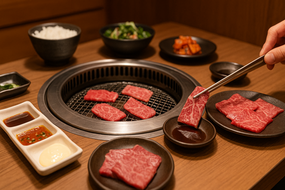 Japanese yakiniku grill with wagyu beef slices and dipping sauces on the table