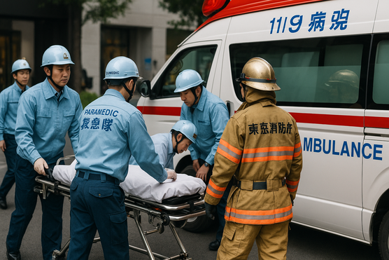 Japanese firefighters and ambulance crew responding to an emergency marked 119.