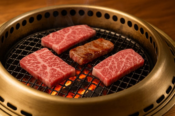 Marbled wagyu beef slices grilling on a yakiniku charcoal grill