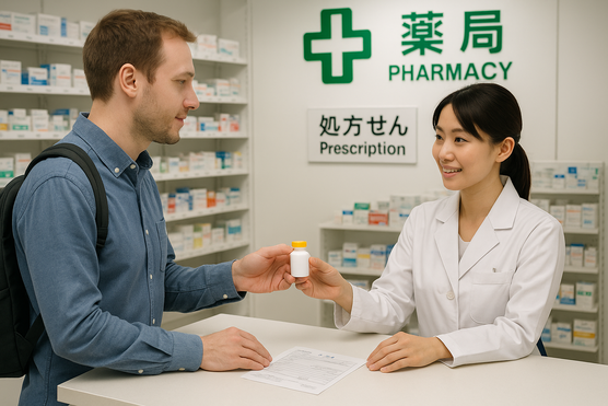 Pharmacist giving prescribed medicine to a traveler at a Japanese pharmacy counter.