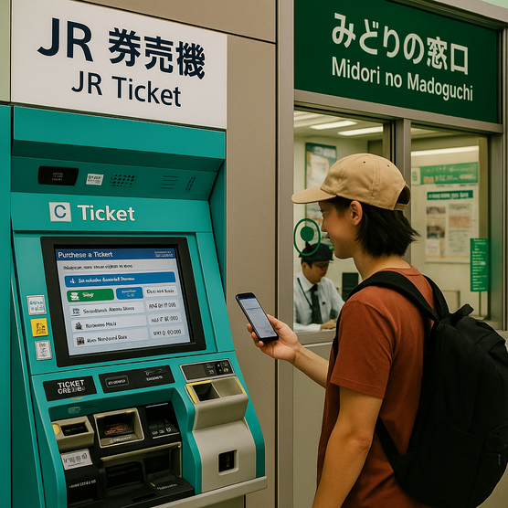 Traveler buying Shinkansen ticket at JR ticket machine with English menu.