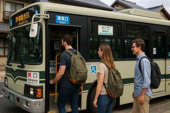Tourists boarding a Japanese city bus through the rear door in Kyoto
