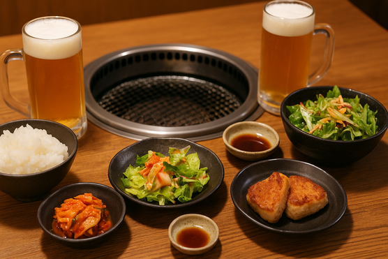 Table set with yakiniku dishes including kimchi, rice, and beer