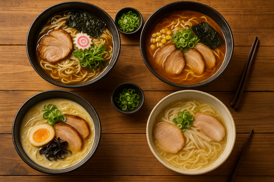 Close-up of ramen varieties with miso, shoyu, shio, and tonkotsu broths side by side