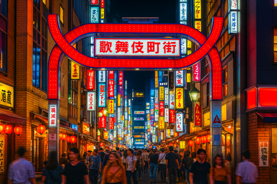 Neon-lit street in Shinjuku filled with izakaya signs and crowds of people