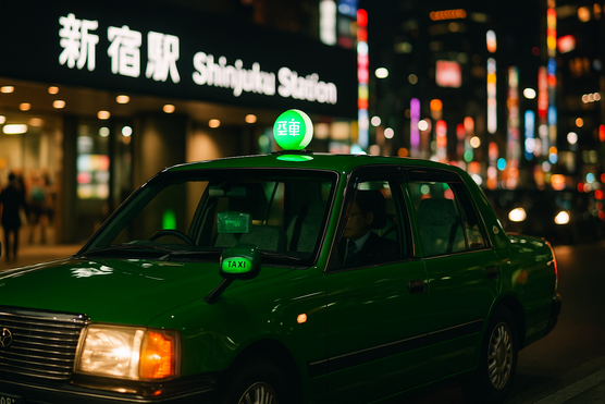 Japanese taxi with green vacant sign waiting at Shinjuku Station