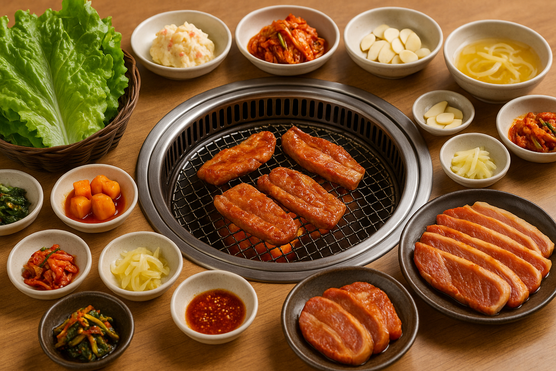 Korean BBQ table with marinated pork belly, lettuce wraps, and side dishes