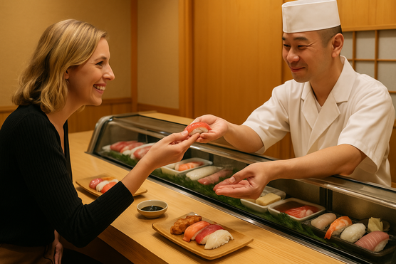 Tourist at a sushi counter in Tokyo being served nigiri by a chef