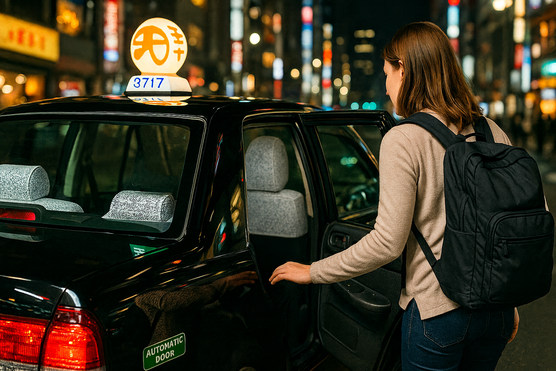 Tourist entering Japanese taxi with automatic rear door open