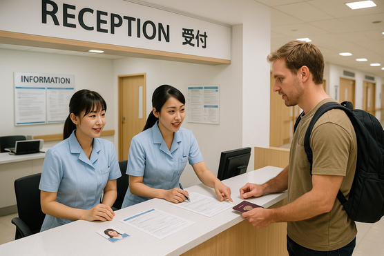 Hospital reception in Japan where a traveler registers with passport and fills out forms.