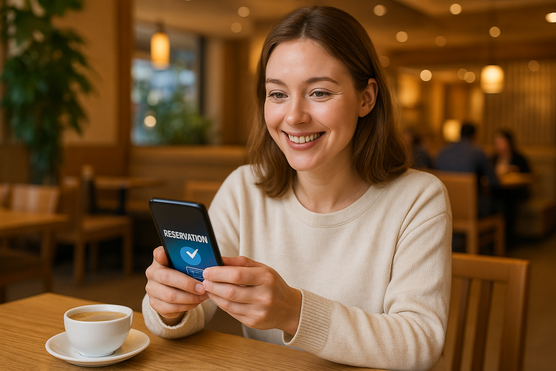 Tourist making a restaurant reservation in Tokyo with phone and English menu