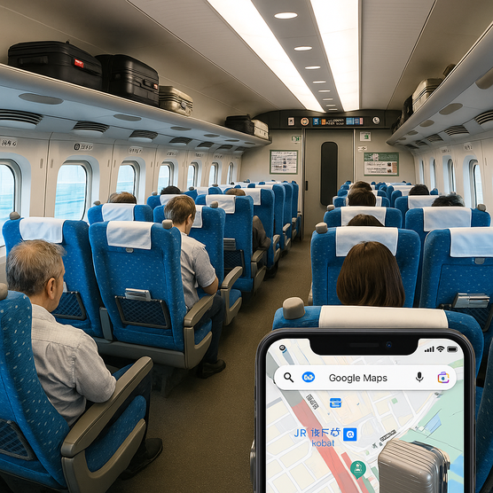 Inside Shinkansen cabin showing reserved seats and luggage on overhead rack.