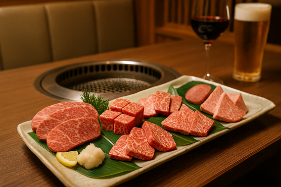 Elegant wagyu beef platter served at a high-end yakiniku restaurant in Tokyo