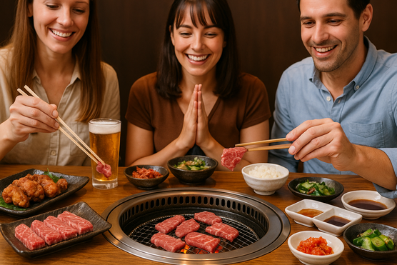 Tourists enjoying wagyu yakiniku at a Tokyo restaurant with drinks on the table
