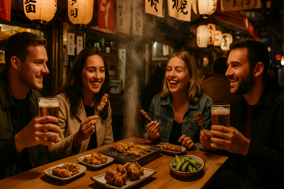 Tourists enjoying yakitori and beer inside a small izakaya in Omoide Yokocho