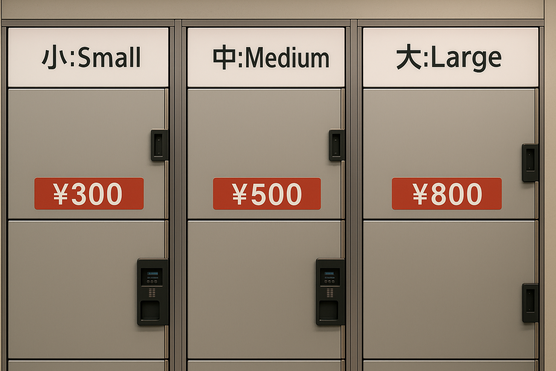 Different sizes of Japanese coin lockers with price labels and bilingual signs.