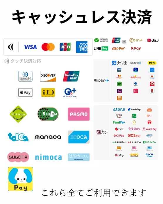 支払い方法はVISA（ビザ),mastercard(マスターカード）,JCB（ジェーシービー）,AMEX（アメックス）,ユニオンPay,ダイナースカード,DISCOVER,APPLEpay,ID,クイックpay,SUICA,PASMO,各種交通系,d払い,AUpay,楽天pay,LINEpay,Jcoin,AIipay,paypay等でお支払いできます