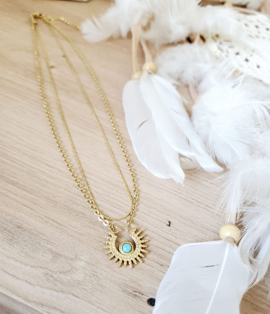 Collier multi rang en acier inoxydable soleil doré pour femme