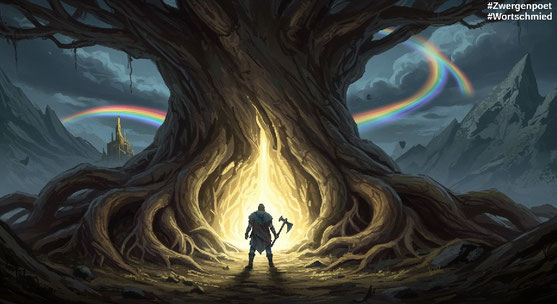 Ein einsamer Krieger in einen leuchtenden Riss an den Wurzeln des Weltenbaums Yggdrasil. Darüber ist der Himmel dunkel, aber die Regenbogenbrücke Bifröst wölbt sich zwischen den Wolken empor. Erstellt mit Craiyon.
