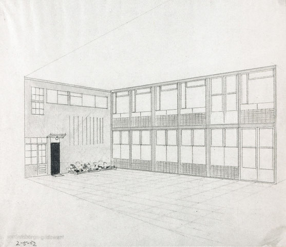 Werkstatt- und Hausfassade, 1952, (B 48/4), aus  Baugestaltung Museum Wiesbaden, S.176, © Museum Wiesbaden, Archiv Friedrich Vordemberge-Gildewart