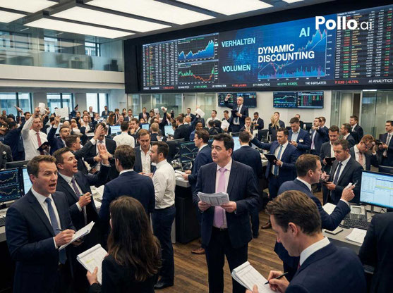 Eine dynamische Szene an der Börse - auf der Vidiwall sind Begriffe aus dem Dynamic Discounting zu sehen