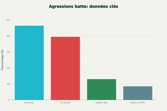 Données clés issues d'études sur les agressions physiques à la batte de baseball (répartition des victimes et gravité des blessures)