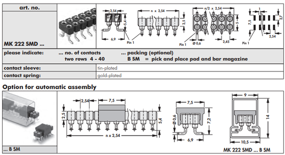 MK 222 SMD   表面実装用連結ソケット2.54mmピッチ 2列