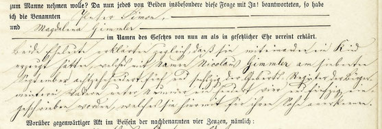 Ausschnitt aus der Heiratsurkunde von Peter Simon und Magdalena Gimmler: Anerkennung von Nicolaus Gimmler/Simon als gemeinsamer Sohn